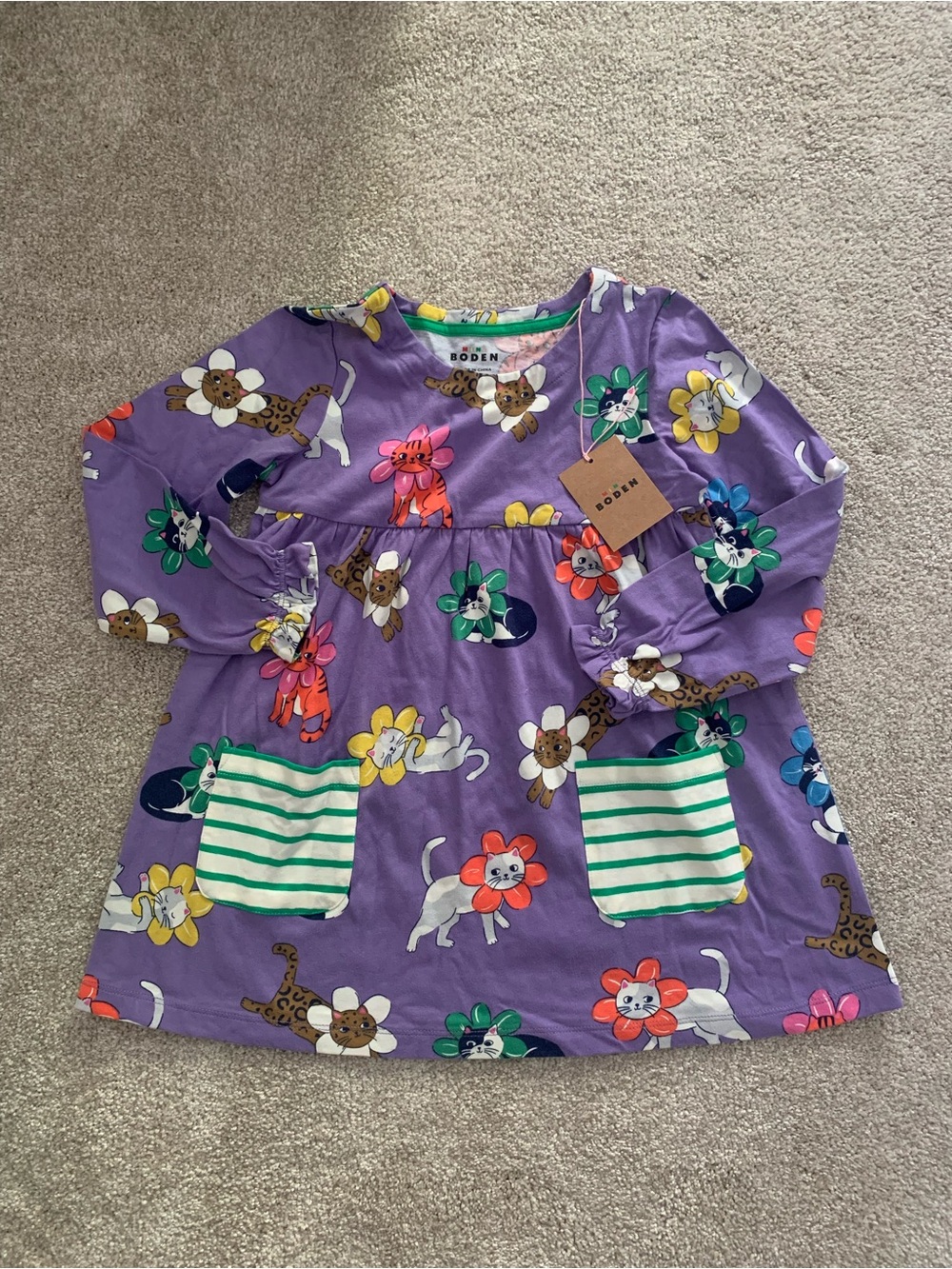 NWT! Mini Boden Purple Floral Kitty Dress with Striped Pockets